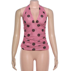 Halter v neck polka dot mesh top
