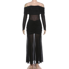 Off shoulder mesh patchwork long sleeve ruched maxi dress