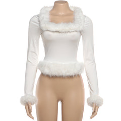 Square neck long sleeve fluffy top