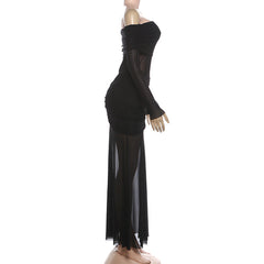 Off shoulder mesh patchwork long sleeve ruched maxi dress