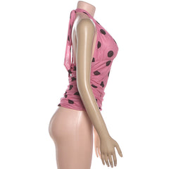 Halter v neck polka dot mesh top