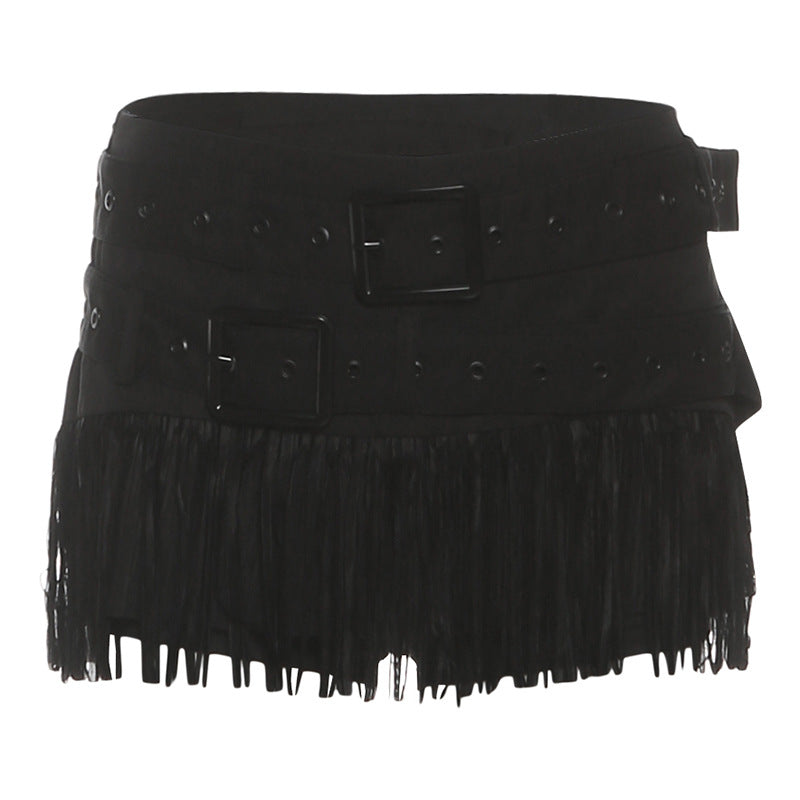 Buckle tassels solid mini skirt