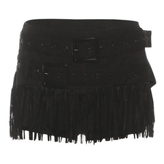 Buckle tassels solid mini skirt