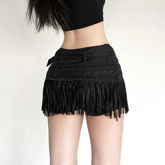 Buckle tassels solid mini skirt
