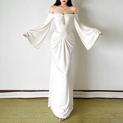 Off shoulder long flared sleeve ruched maxi dress