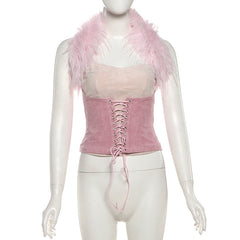 Halter lace up fluffy top