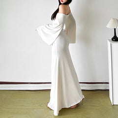 Off shoulder long flared sleeve ruched maxi dress