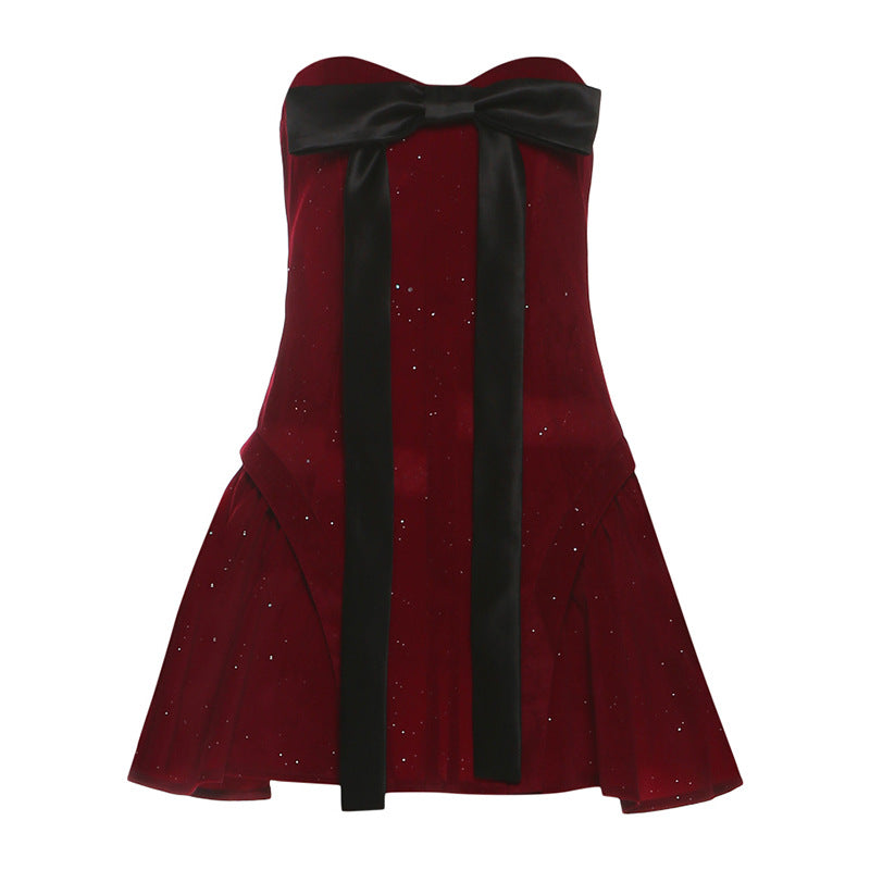 Sweetheart neck bowknot glitter mini dress