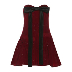 Sweetheart neck bowknot glitter mini dress