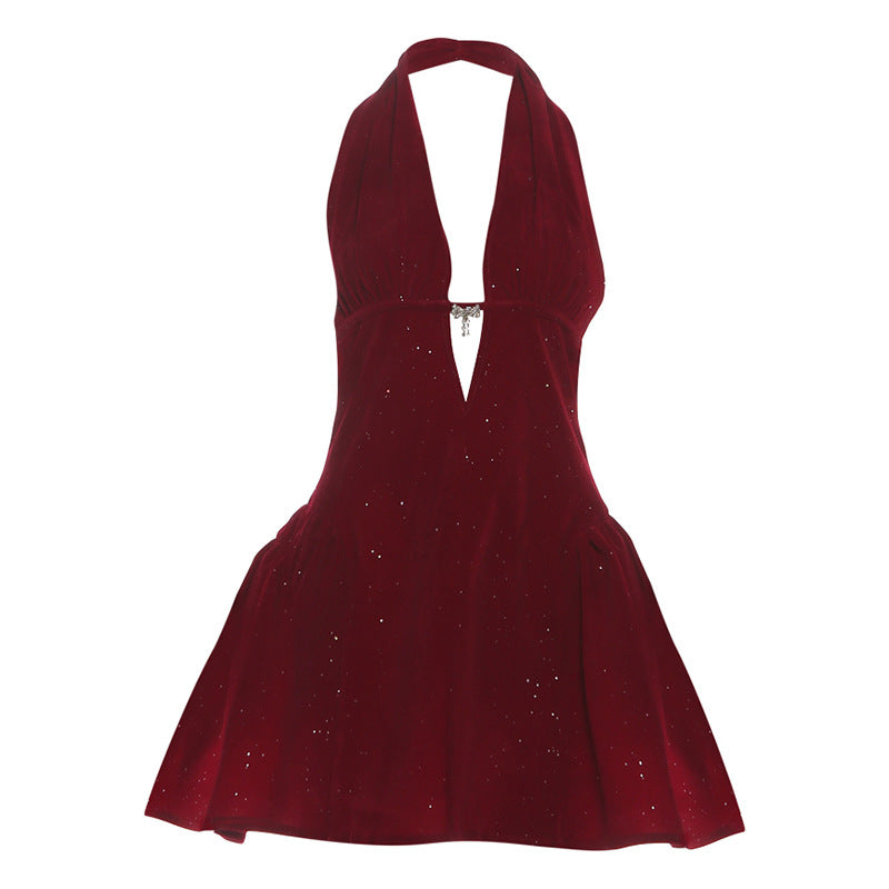 Halter deep v neck backless glitter mini dress