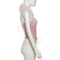 Halter lace up fluffy top