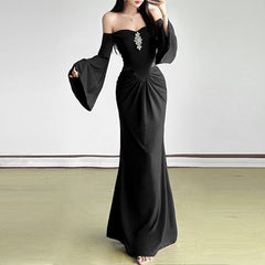 Off shoulder long flared sleeve ruched maxi dress