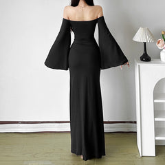 Off shoulder long flared sleeve ruched maxi dress