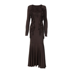 Long sleeve ruffle self tie solid maxi dress