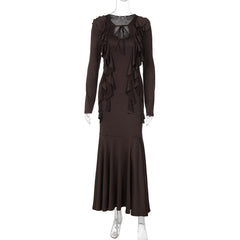 Long sleeve ruffle self tie solid maxi dress