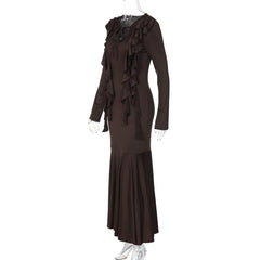 Long sleeve ruffle self tie solid maxi dress