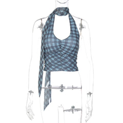 Halter u neck plaid ruched backless top