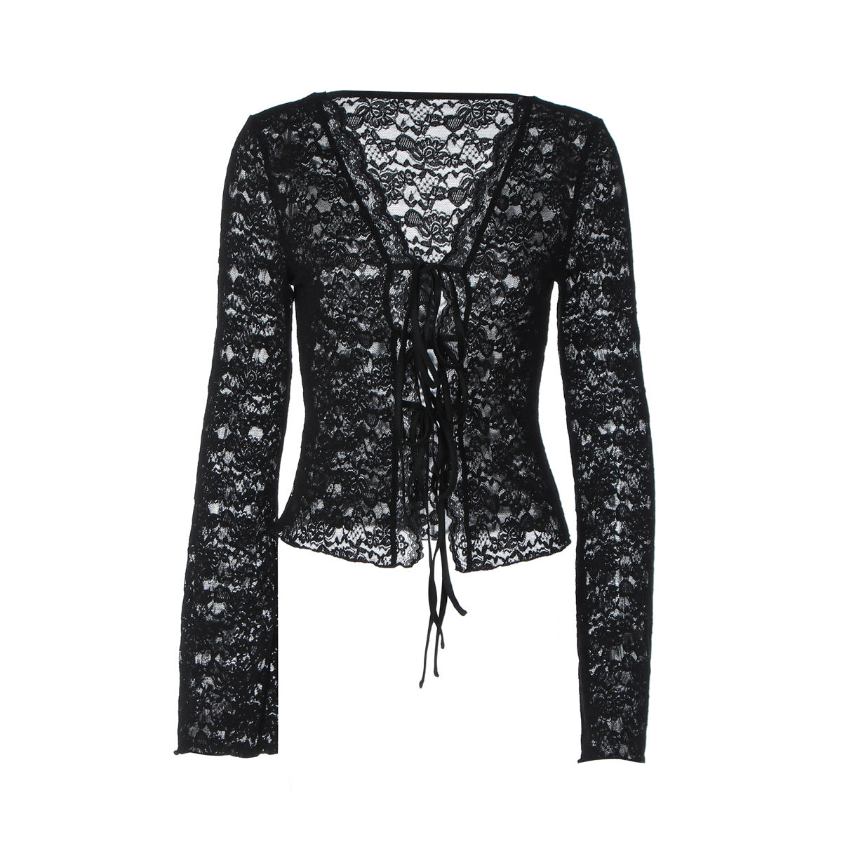 V neck long sleeve lace see through self tie top