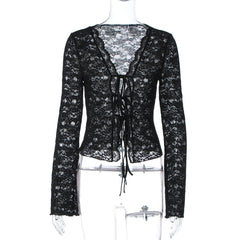 V neck long sleeve lace see through self tie top