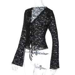 V neck long sleeve lace see through self tie top