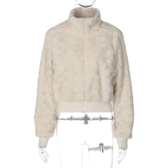 Fluffy long sleeve zip-up high neck top