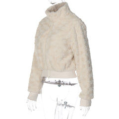 Fluffy long sleeve zip-up high neck top