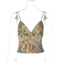 Glitter v neck print backless cami top