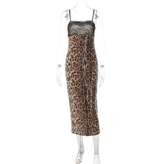Leopard print glitter slit lace cami midi dress