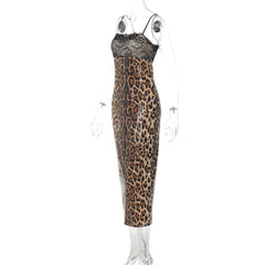 Leopard print glitter slit lace cami midi dress