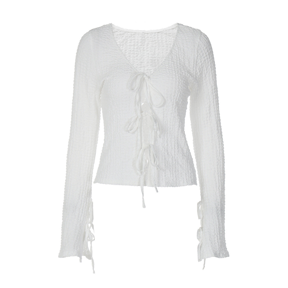 Self tie v neck long sleeve textured solid top