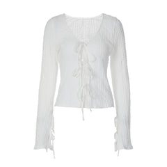 Self tie v neck long sleeve textured solid top