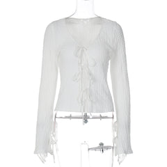 Self tie v neck long sleeve textured solid top