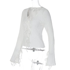 Self tie v neck long sleeve textured solid top