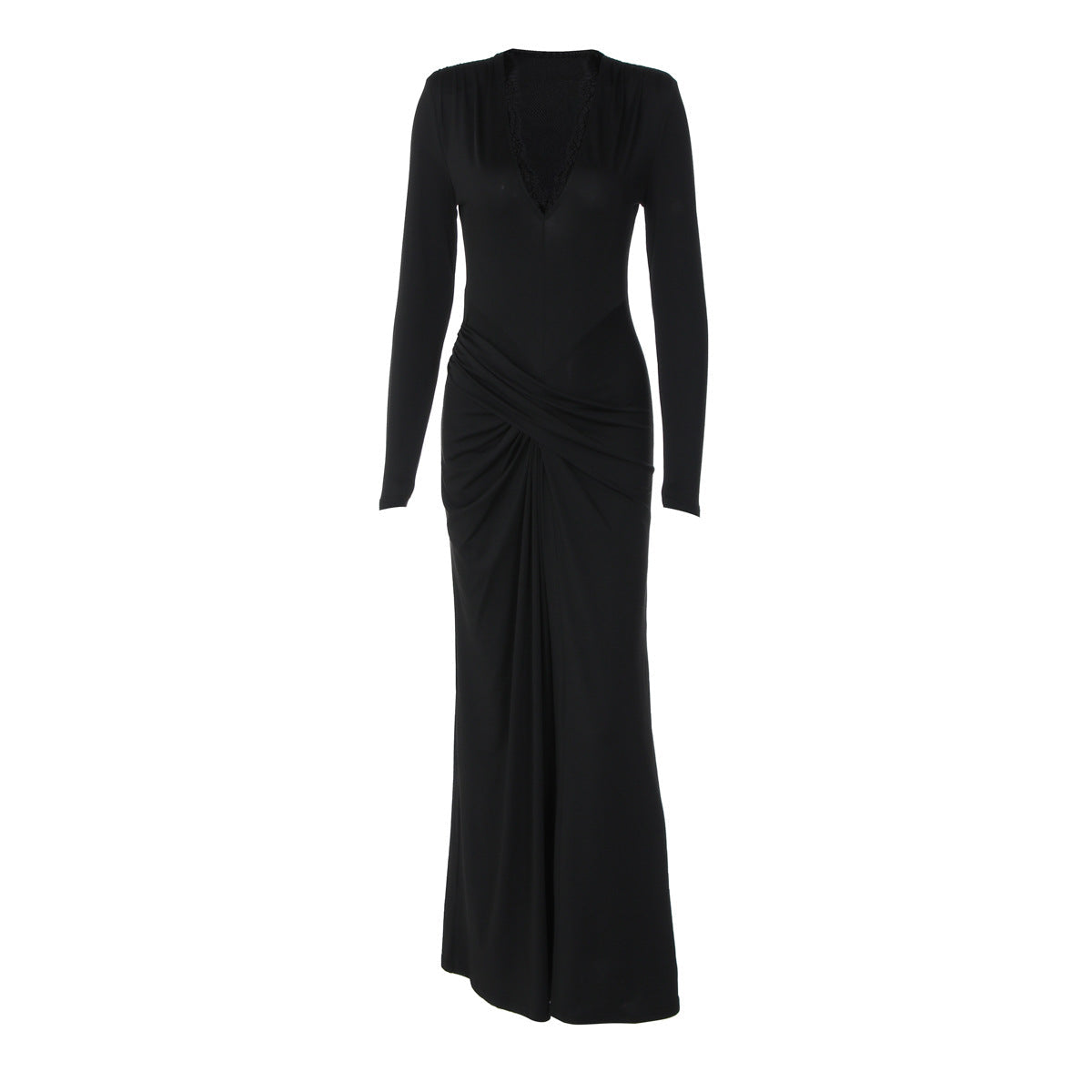 Long sleeve v neck lace hem ruched maxi dress