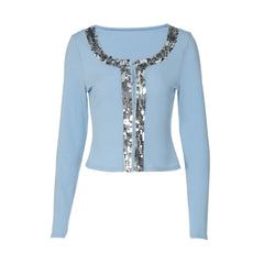 Long sleeve round neck glitter button top