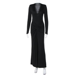 Long sleeve v neck lace hem ruched maxi dress