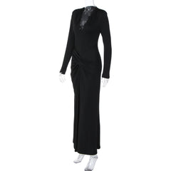 Long sleeve v neck lace hem ruched maxi dress