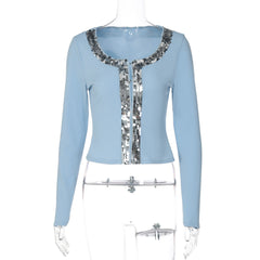 Long sleeve round neck glitter button top
