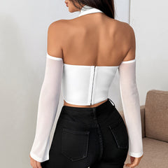 Off shoulder turnover collar button top