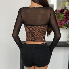 Leopard print long sleeve zip-up top