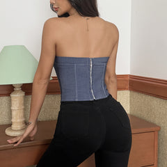 Denim lace up zip-up corset top