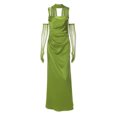 Square neck gloves ruched cami maxi dress