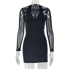 Long sleeve mesh patchwork padded mini dress