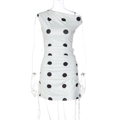 Off shoulder polka dot drawstring mini dress