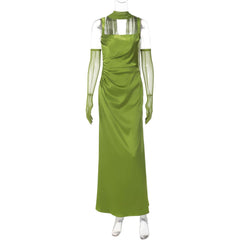 Square neck gloves ruched cami maxi dress