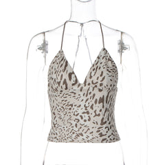 Leopard print v neck halter backless top
