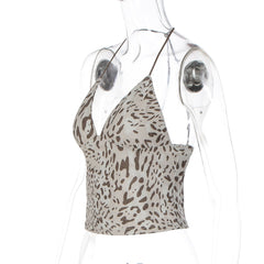 Leopard print v neck halter backless top