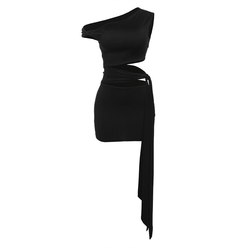 One shoulder hollow out solid cut out mini dress
