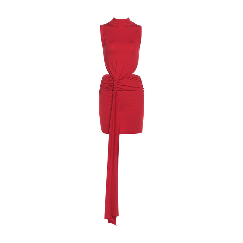 High neck ruched hollow out cut out mini dress
