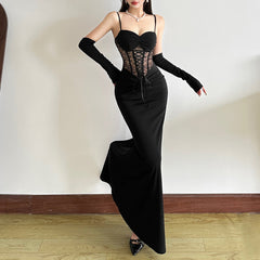 Lace up ruched corset cami maxi dress